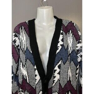 Vintage Barrel Cardigan Sweater Womens L 14-16 Multicolor Aztec Knit USA 80s